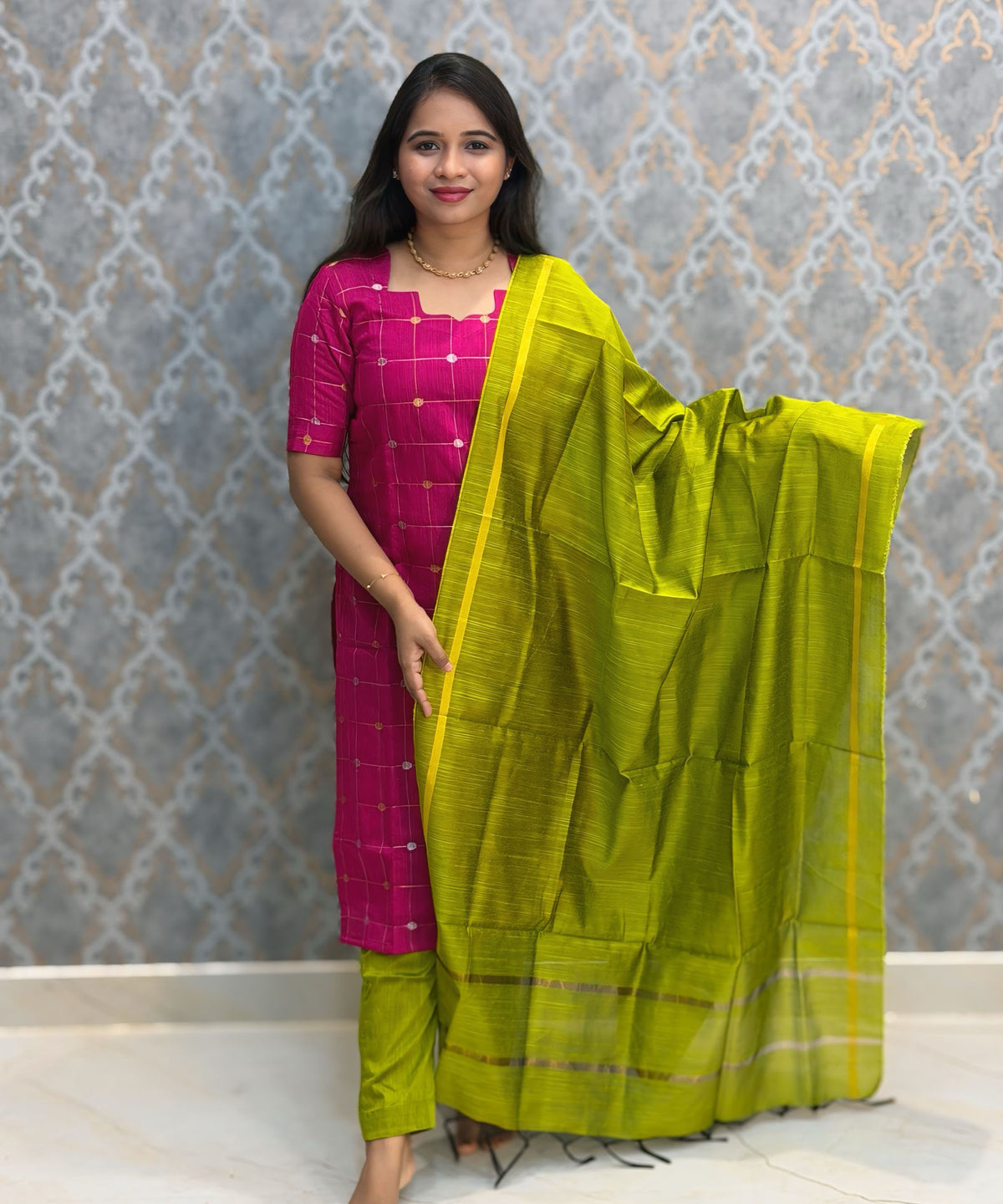 Pink and Green Color Premium Raw Silk Cotton Salwar Set with Lining and Pocket / HL052