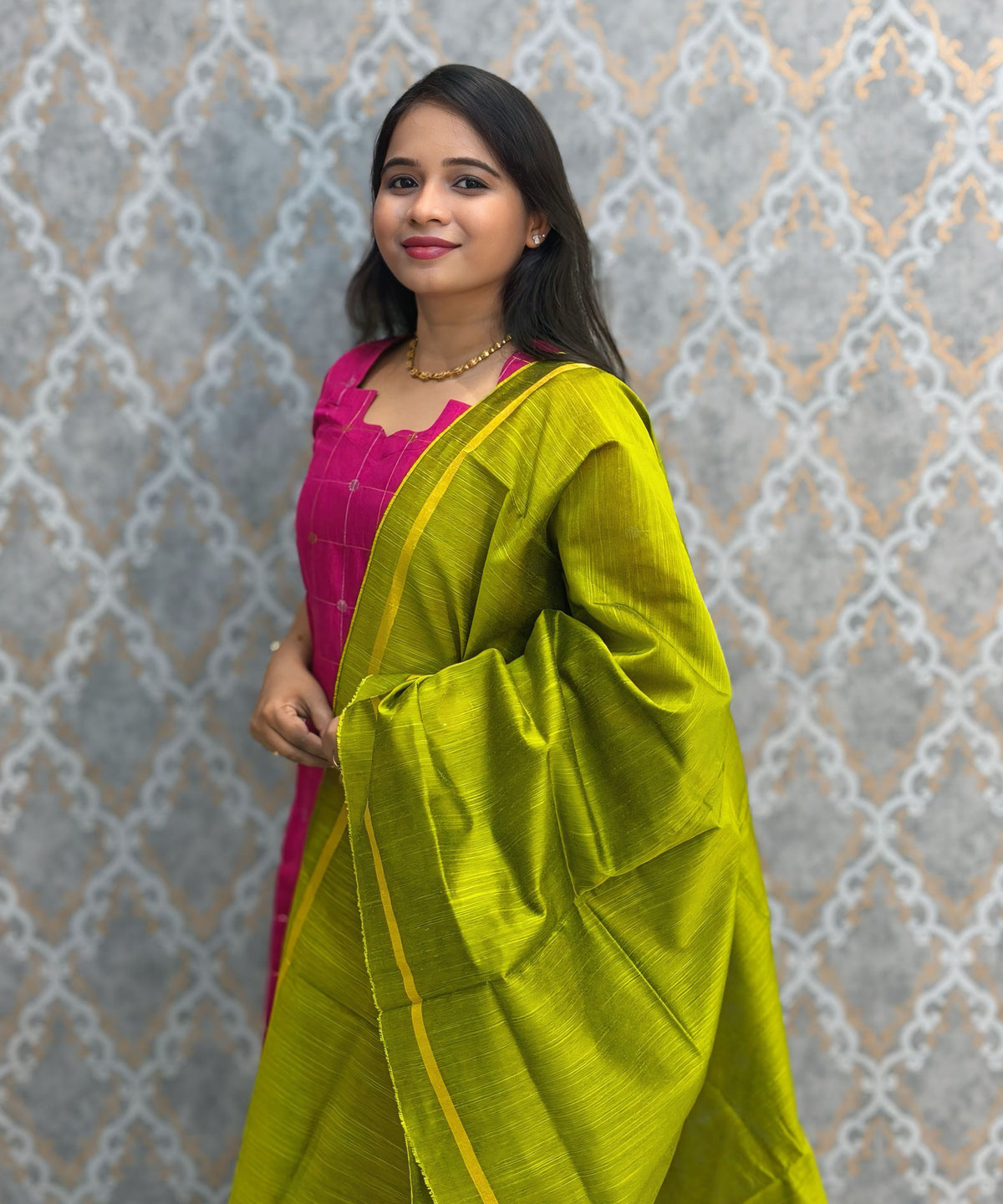 Pink and Green Color Premium Raw Silk Cotton Salwar Set with Lining and Pocket / HL052