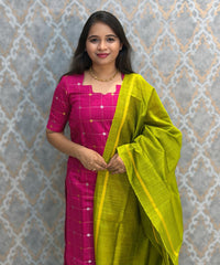 Pink and Green Color Premium Raw Silk Cotton Salwar Set with Lining and Pocket / HL052
