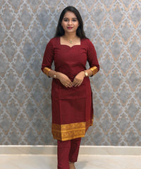 Maroon Color Premium Handloom Kota Jacquard Border Silk Cotton 3 Piece Salwar Set / HL061