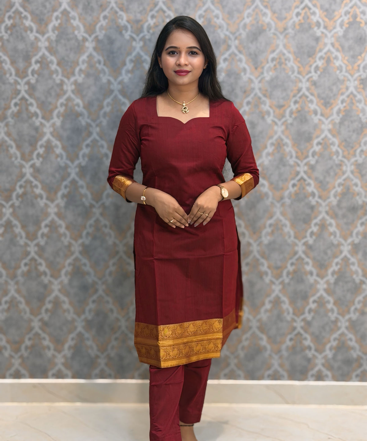 Maroon Color Premium Handloom Kota Jacquard Border Silk Cotton 3 Piece Salwar Set / HL061