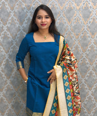 Sky Blue Color Premium Handloom Kota Jacquard Border Silk Cotton 3 Piece Salwar Set / HL063