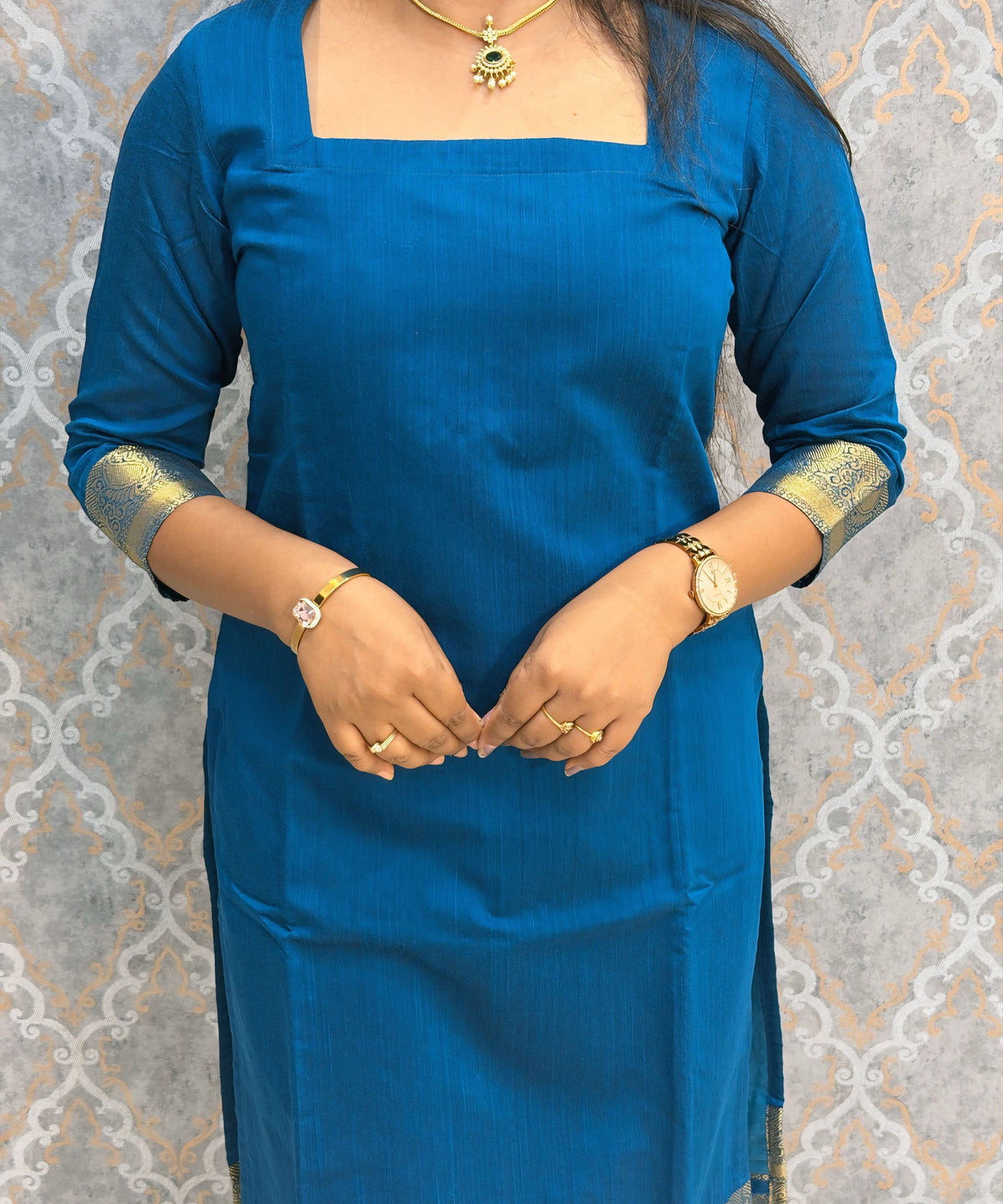 Sky Blue Color Premium Handloom Kota Jacquard Border Silk Cotton 3 Piece Salwar Set / HL063
