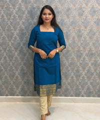 Sky Blue Color Premium Handloom Kota Jacquard Border Silk Cotton 3 Piece Salwar Set / HL063
