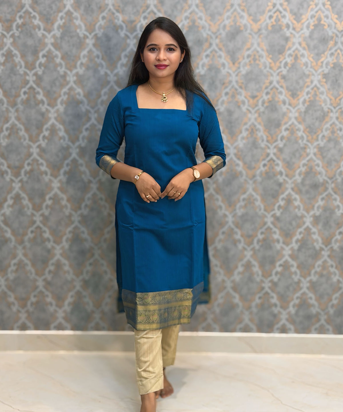 Sky Blue Color Premium Handloom Kota Jacquard Border Silk Cotton 3 Piece Salwar Set / HL063