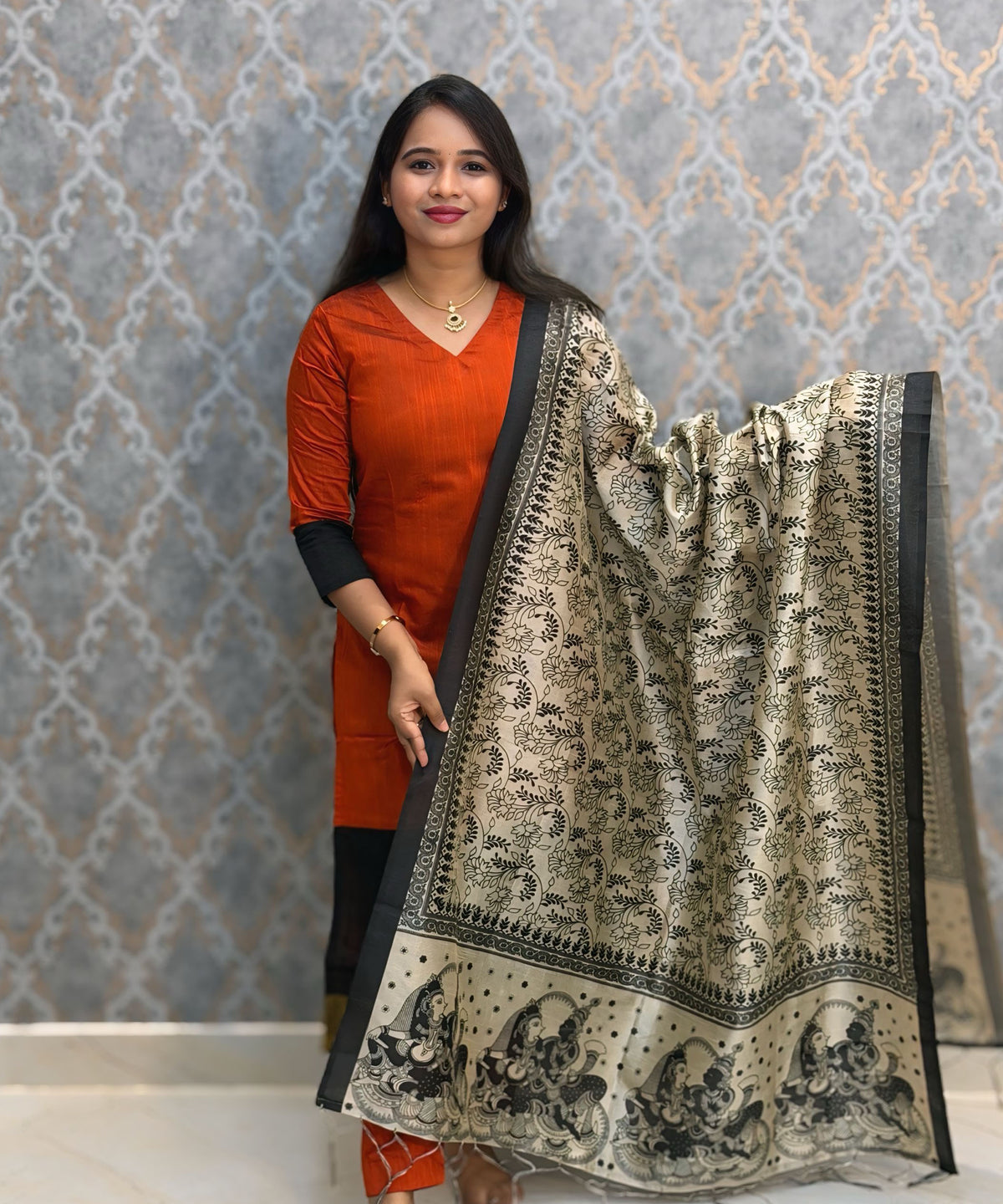 Orange and Black Color Premium Handloom Kota Jacquard Border Silk Cotton 3 Piece Salwar Set / HL062