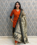 Orange and Black Color Premium Handloom Kota Jacquard Border Silk Cotton 3 Piece Salwar Set / HL062