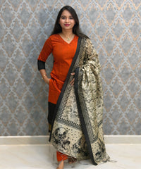 Orange and Black Color Premium Handloom Kota Jacquard Border Silk Cotton 3 Piece Salwar Set / HL062