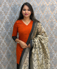 Orange and Black Color Premium Handloom Kota Jacquard Border Silk Cotton 3 Piece Salwar Set / HL062