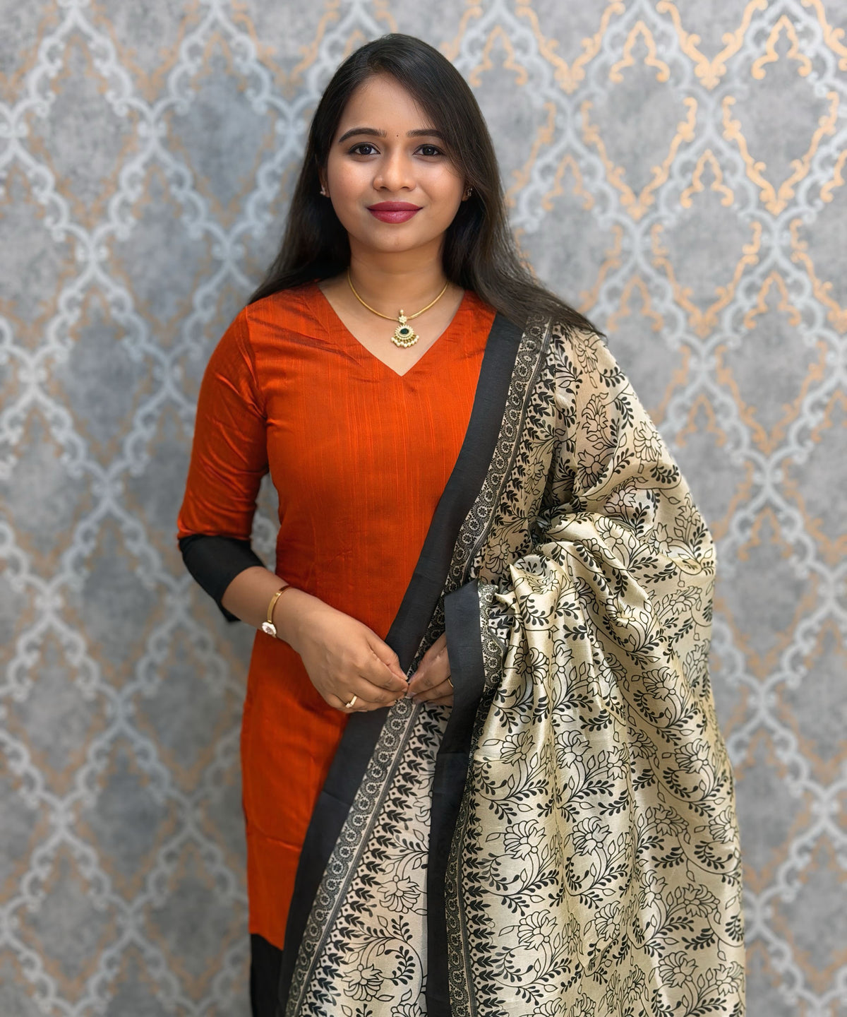 Orange and Black Color Premium Handloom Kota Jacquard Border Silk Cotton 3 Piece Salwar Set / HL062