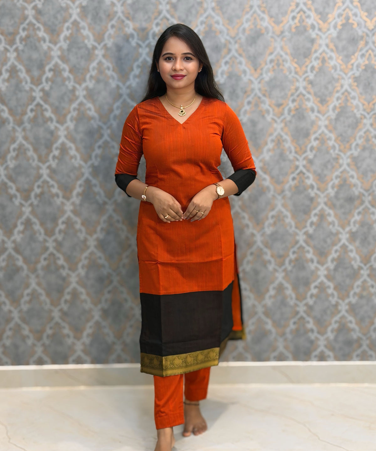 Orange and Black Color Premium Handloom Kota Jacquard Border Silk Cotton 3 Piece Salwar Set / HL062