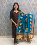 Coffee Brown Color Premium Handloom Raw Silk Cotton 3 Piece Salwar Set / HL065