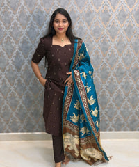 Coffee Brown Color Premium Handloom Raw Silk Cotton 3 Piece Salwar Set / HL065