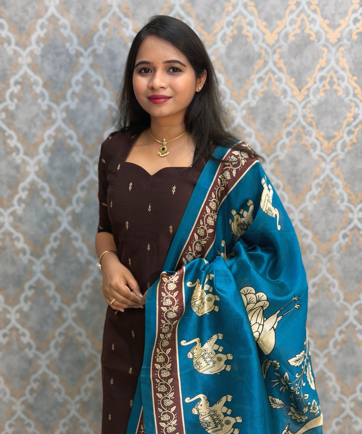 Coffee Brown Color Premium Handloom Raw Silk Cotton 3 Piece Salwar Set / HL065