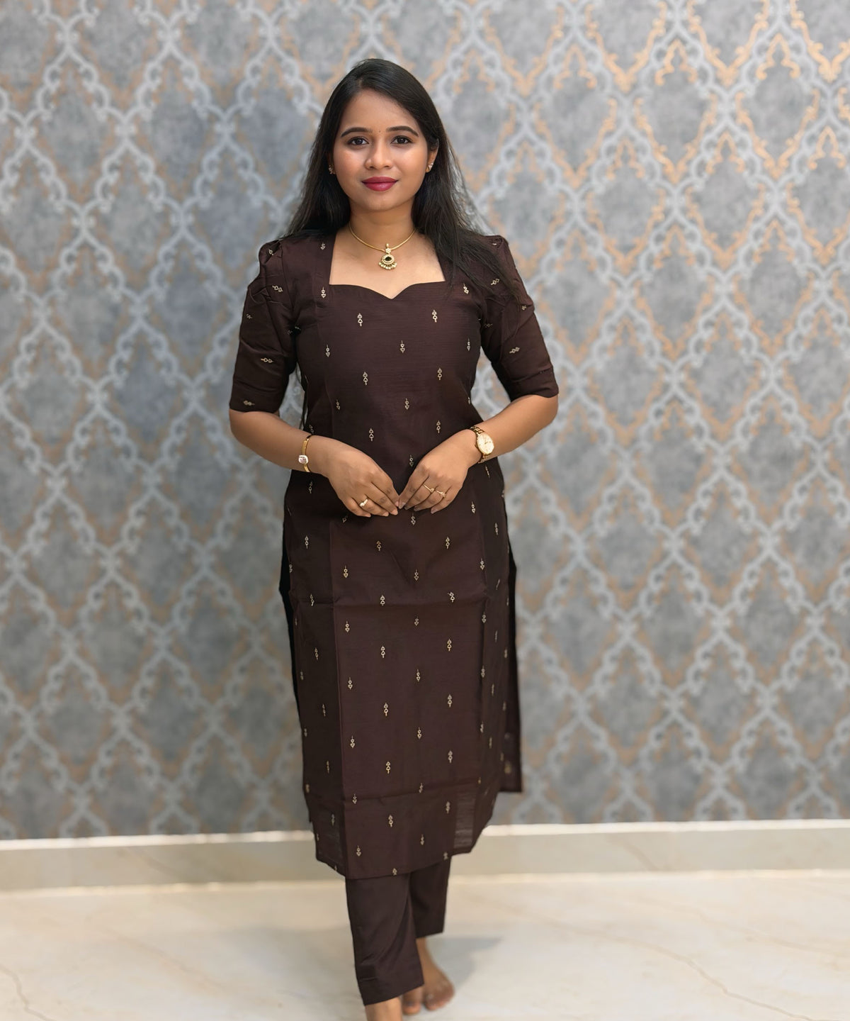 Coffee Brown Color Premium Handloom Raw Silk Cotton 3 Piece Salwar Set / HL065