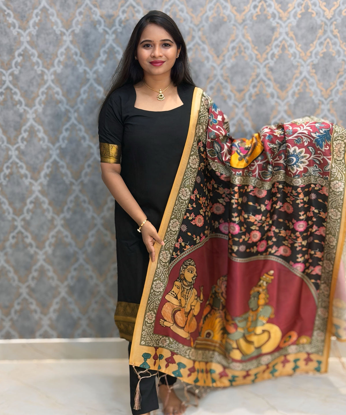 Black Color Premium Handloom Kota Jacquard Border Silk Cotton 3 Piece Salwar Set / HL064