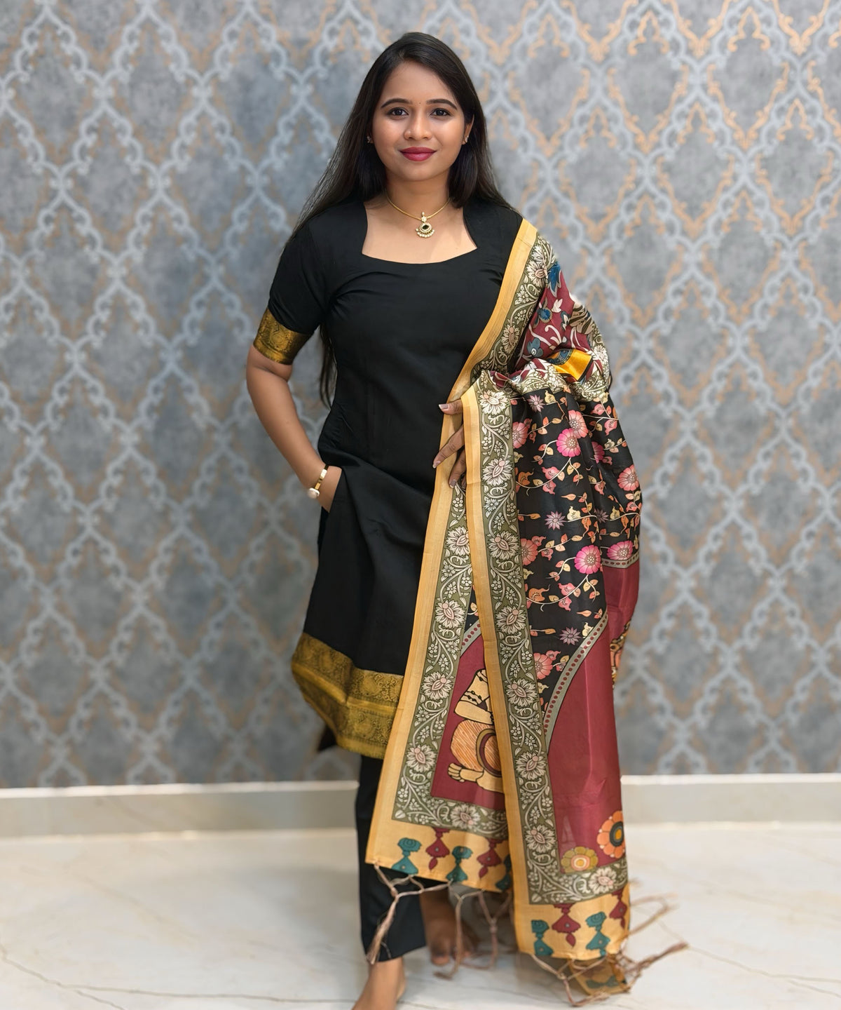 Black Color Premium Handloom Kota Jacquard Border Silk Cotton 3 Piece Salwar Set / HL064