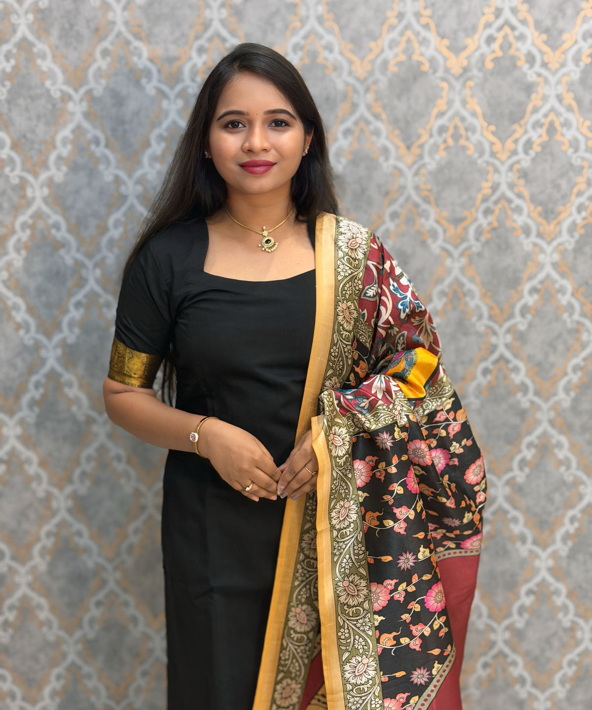 Black Color Premium Handloom Kota Jacquard Border Silk Cotton 3 Piece Salwar Set / HL064