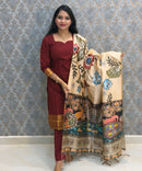 Maroon Color Premium Handloom Kota Jacquard Border Silk Cotton 3 Piece Salwar Set / HL061