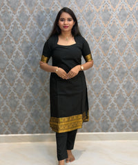 Black Color Premium Handloom Kota Jacquard Border Silk Cotton 3 Piece Salwar Set / HL064