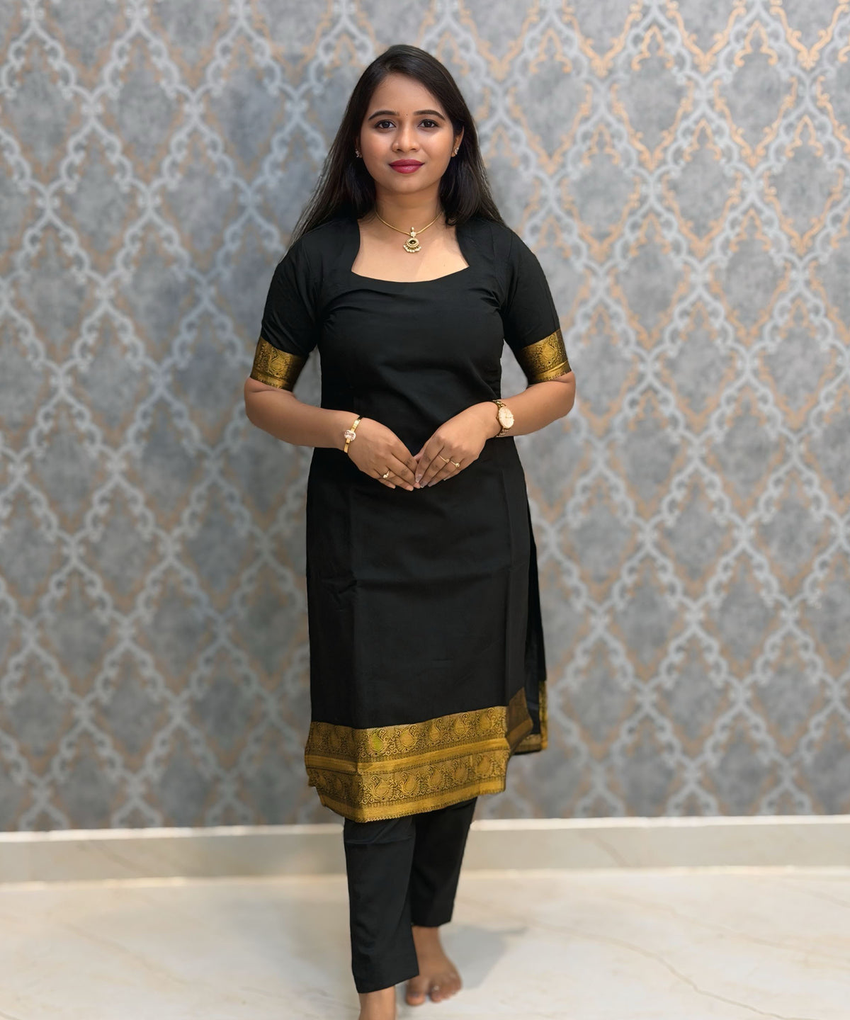 Black Color Premium Handloom Kota Jacquard Border Silk Cotton 3 Piece Salwar Set / HL064
