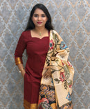 Maroon Color Premium Handloom Kota Jacquard Border Silk Cotton 3 Piece Salwar Set / HL061