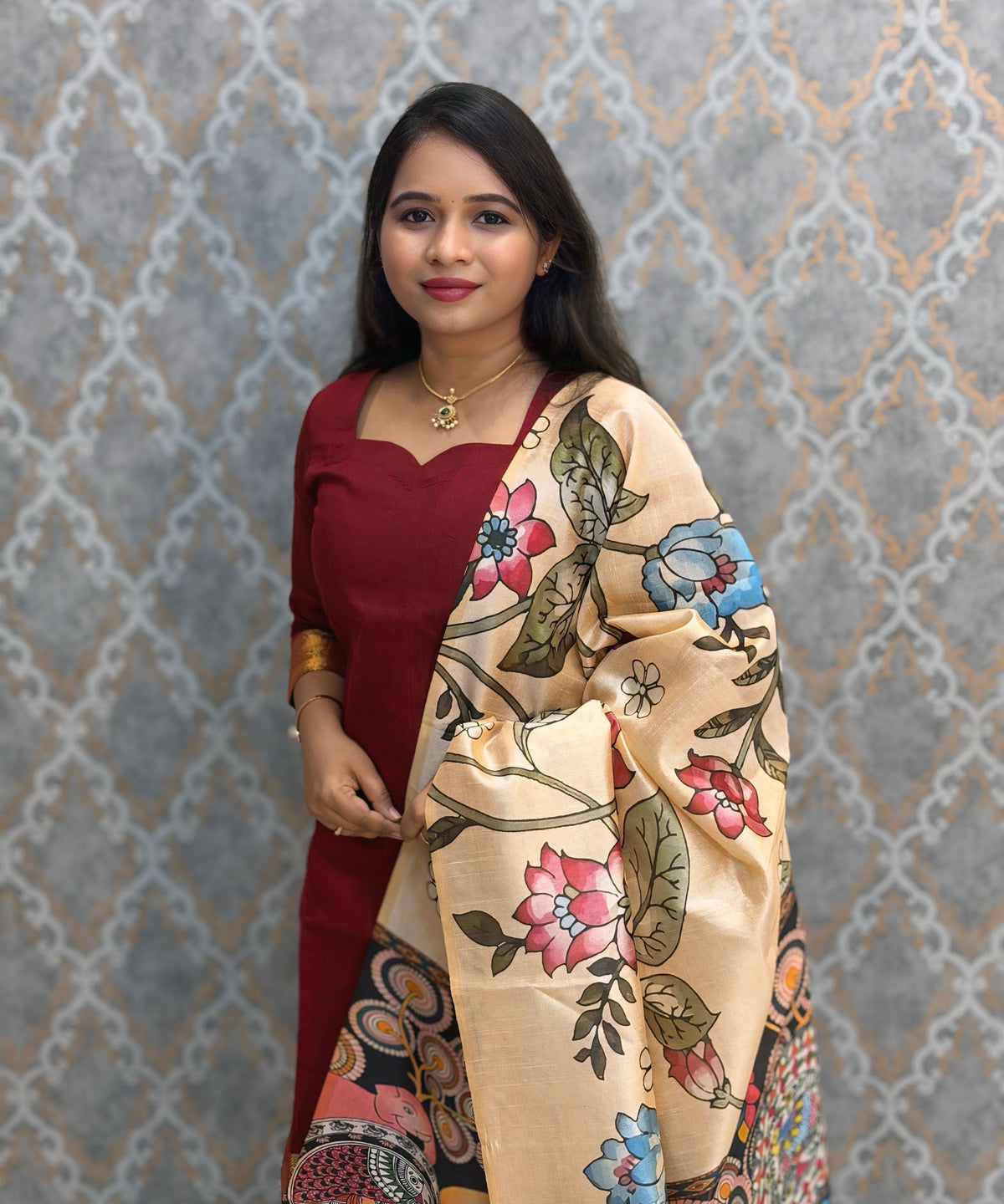 Maroon Color Premium Handloom Kota Jacquard Border Silk Cotton 3 Piece Salwar Set / HL061