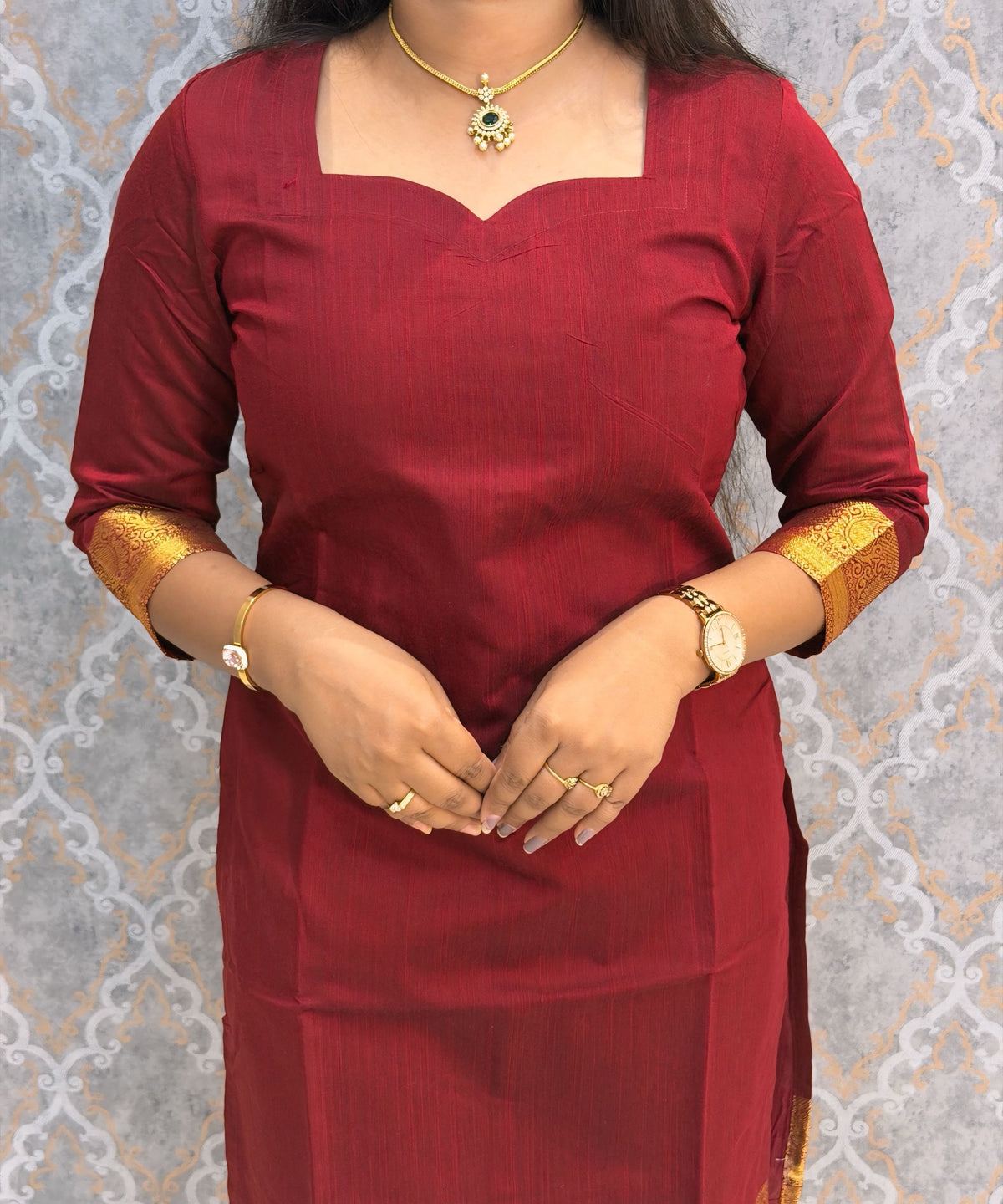 Maroon Color Premium Handloom Kota Jacquard Border Silk Cotton 3 Piece Salwar Set / HL061