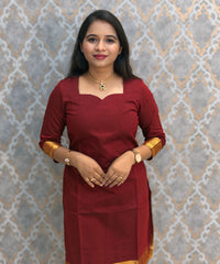 Maroon Color Premium Handloom Kota Jacquard Border Silk Cotton 3 Piece Salwar Set / HL061