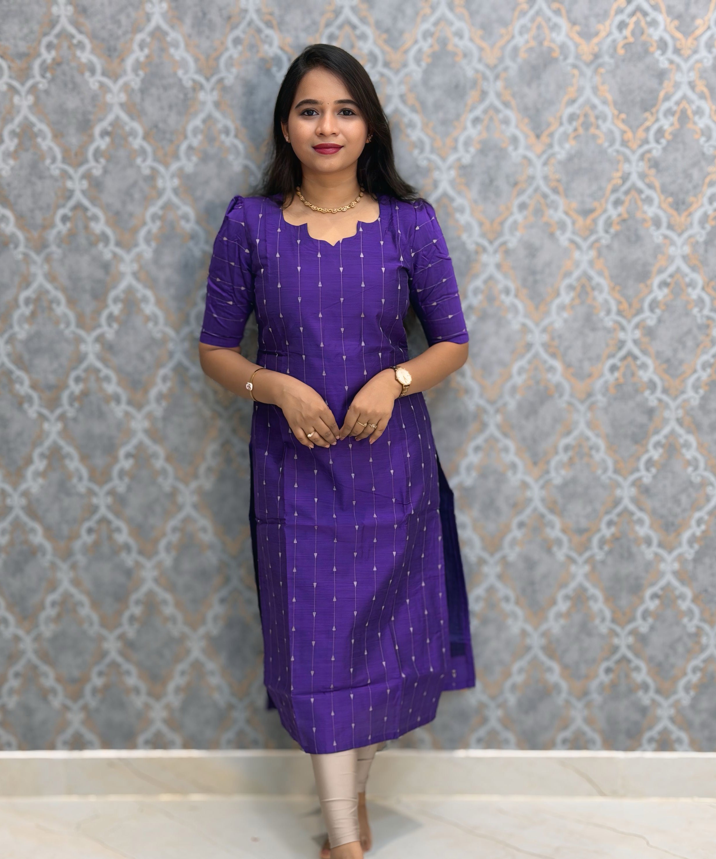 Purple Color Premium Handloom Raw Silk Cotton Kurti and Organza Kalamkari Print Dupatta / HL038