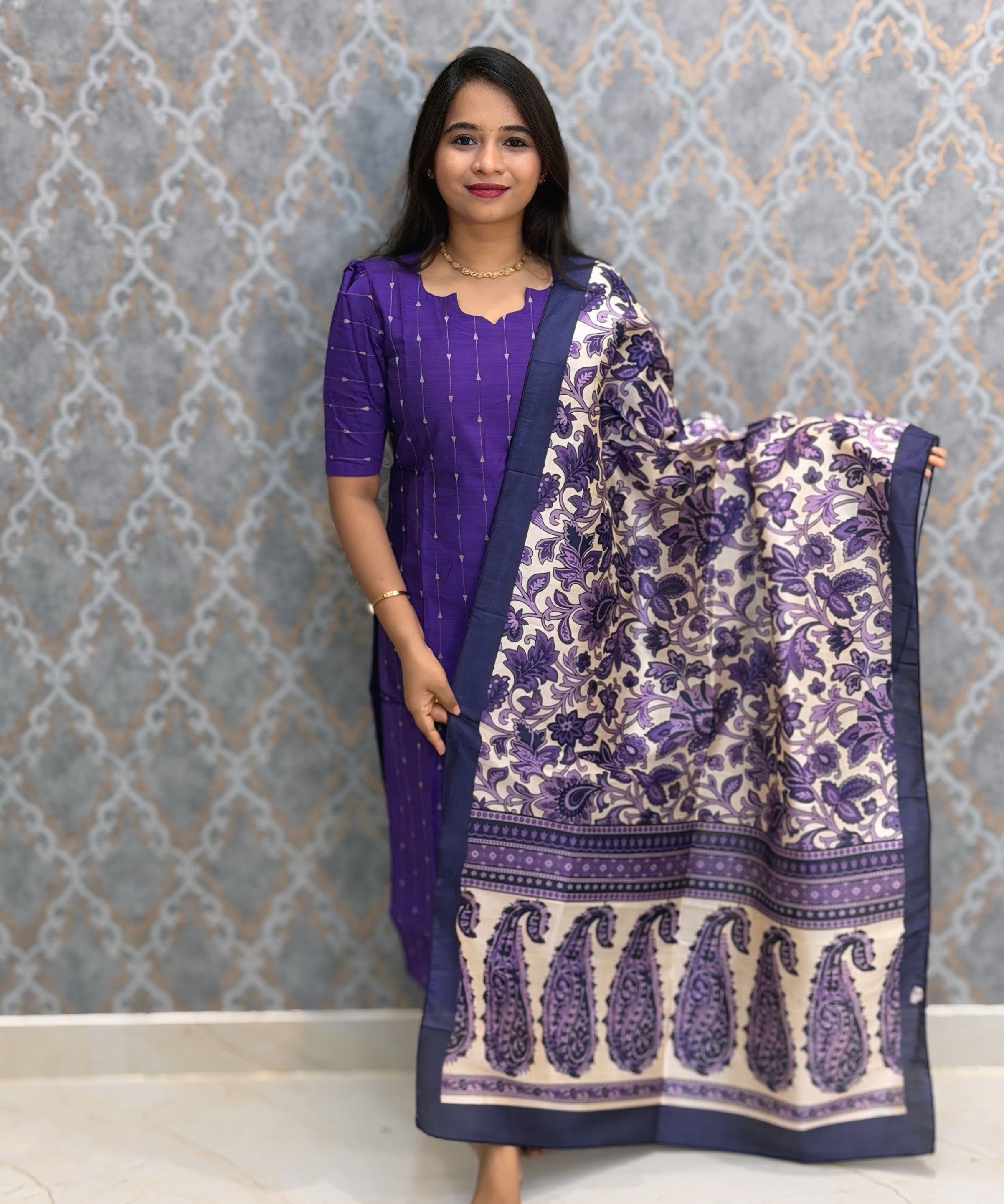 Purple Color Premium Handloom Raw Silk Cotton Kurti and Organza Kalamkari Print Dupatta / HL038