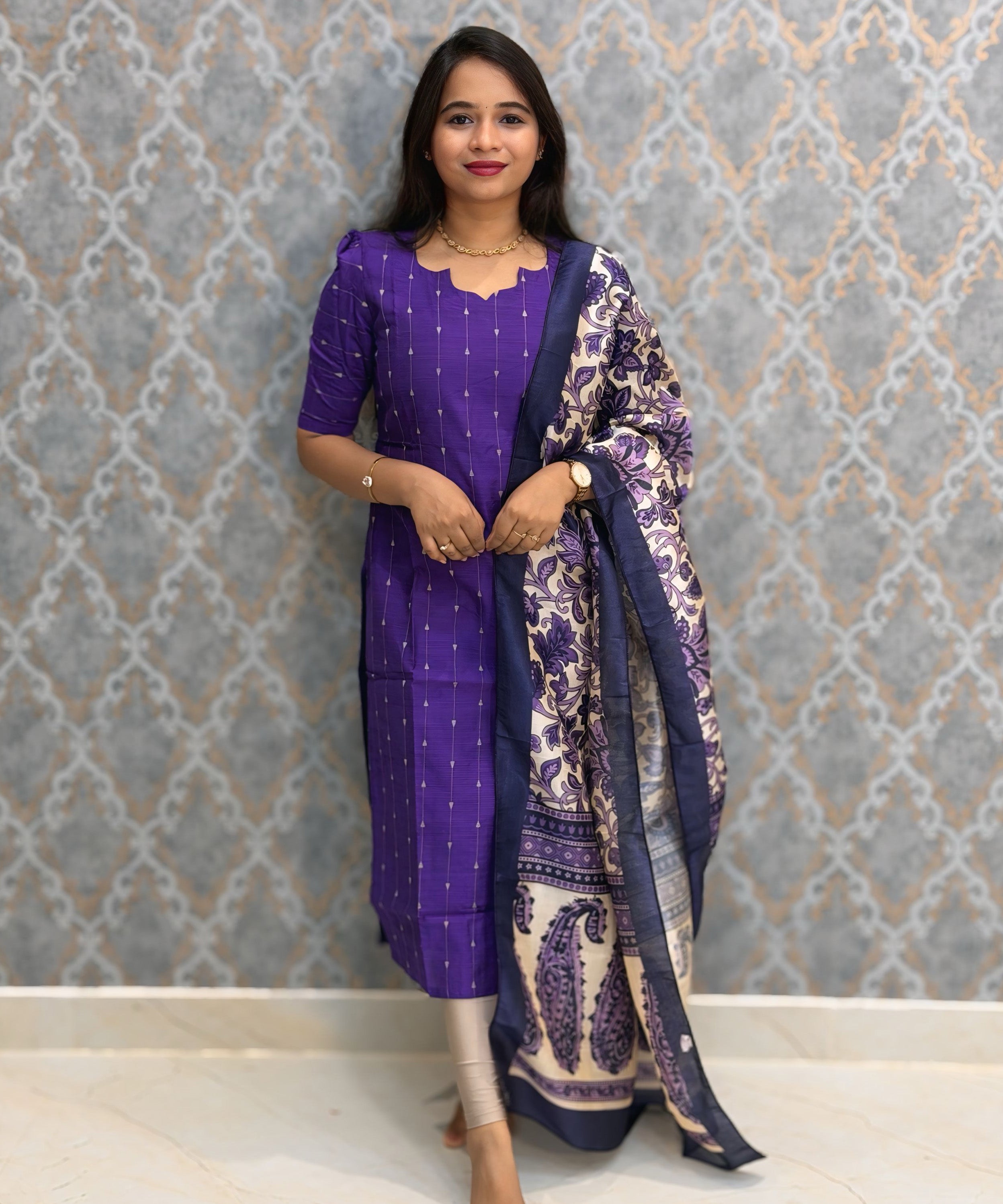 Purple Color Premium Handloom Raw Silk Cotton Kurti and Organza Kalamkari Print Dupatta / HL038