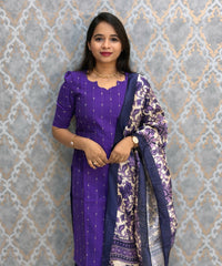 Purple Color Premium Handloom Raw Silk Cotton Kurti and Organza Kalamkari Print Dupatta / HL038