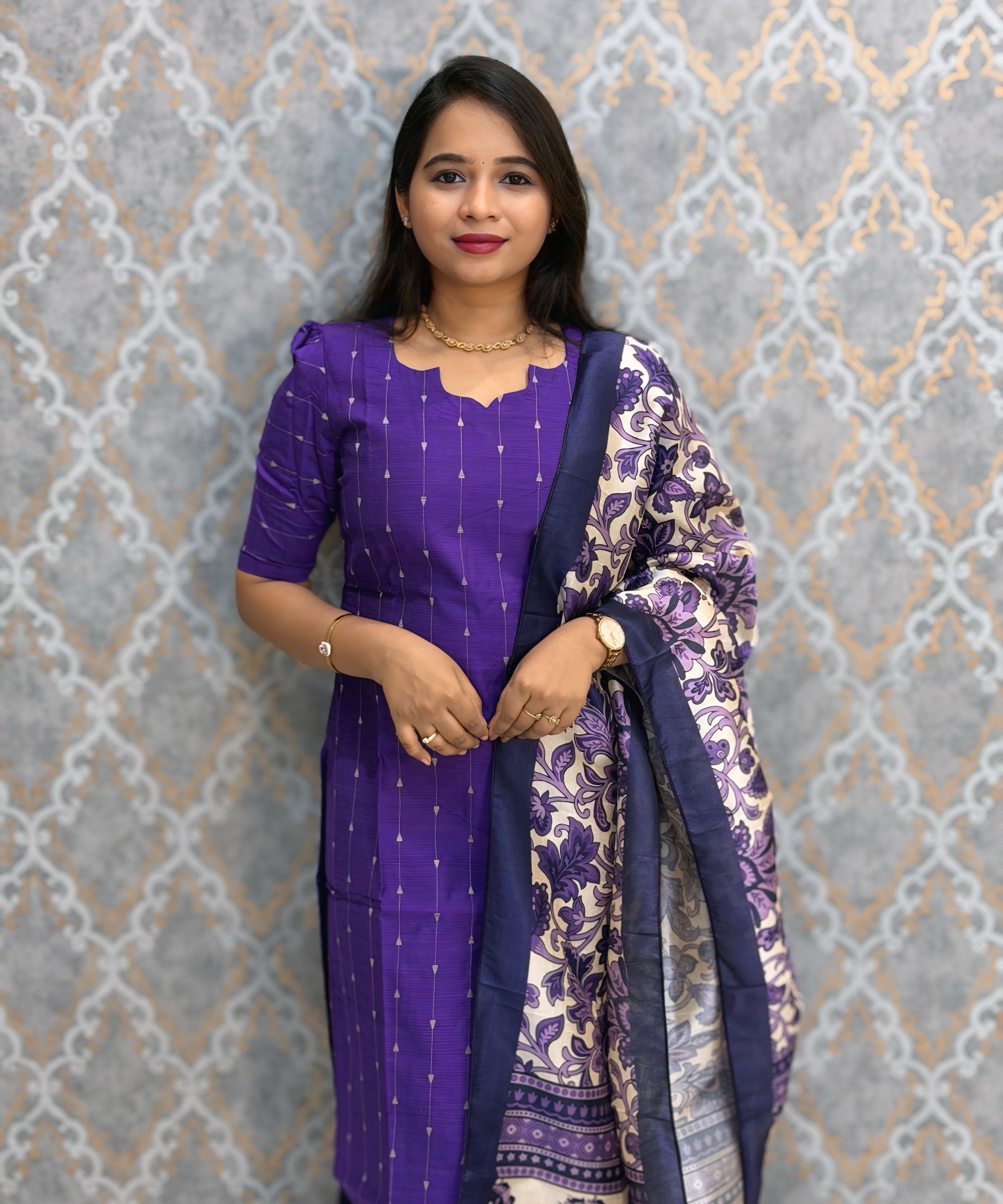 Purple Color Premium Handloom Raw Silk Cotton Kurti and Organza Kalamkari Print Dupatta / HL038