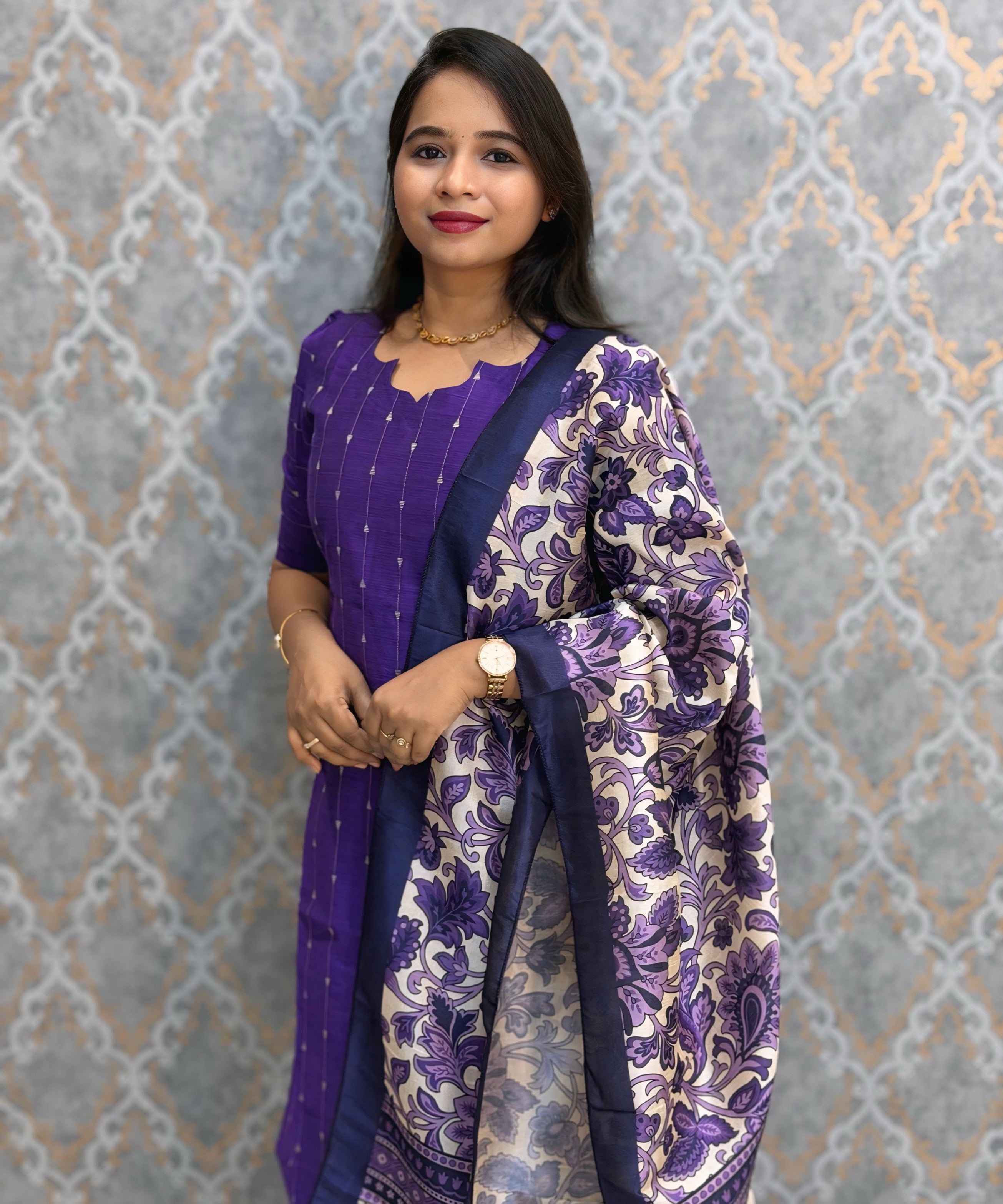 Purple Color Premium Handloom Raw Silk Cotton Kurti and Organza Kalamkari Print Dupatta / HL038