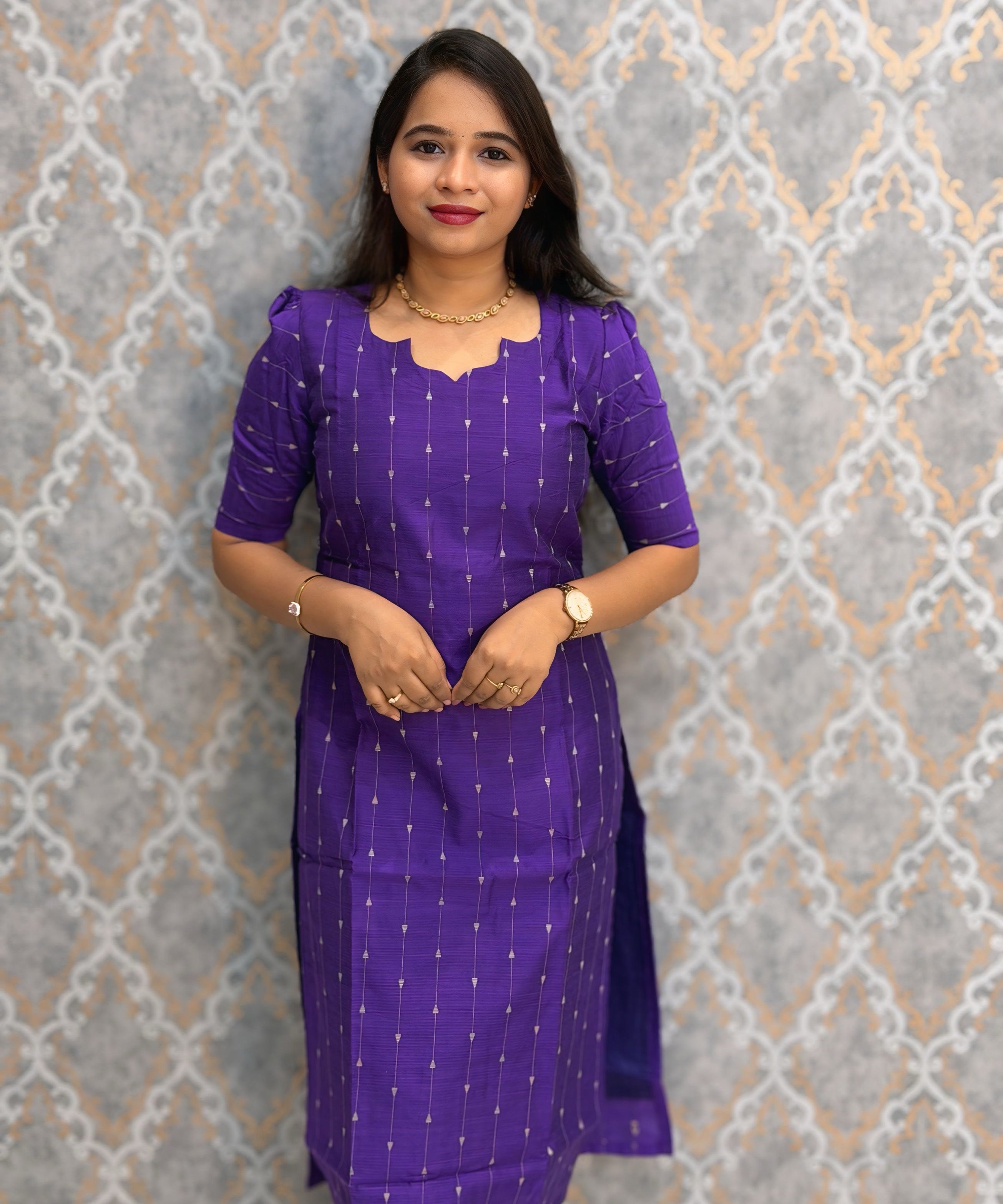 Purple Color Premium Handloom Raw Silk Cotton Kurti and Organza Kalamkari Print Dupatta / HL038