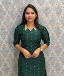 Dark Green Color Raw Silk 3 Piece Salwar Set with Lining and Pocket / ESS410