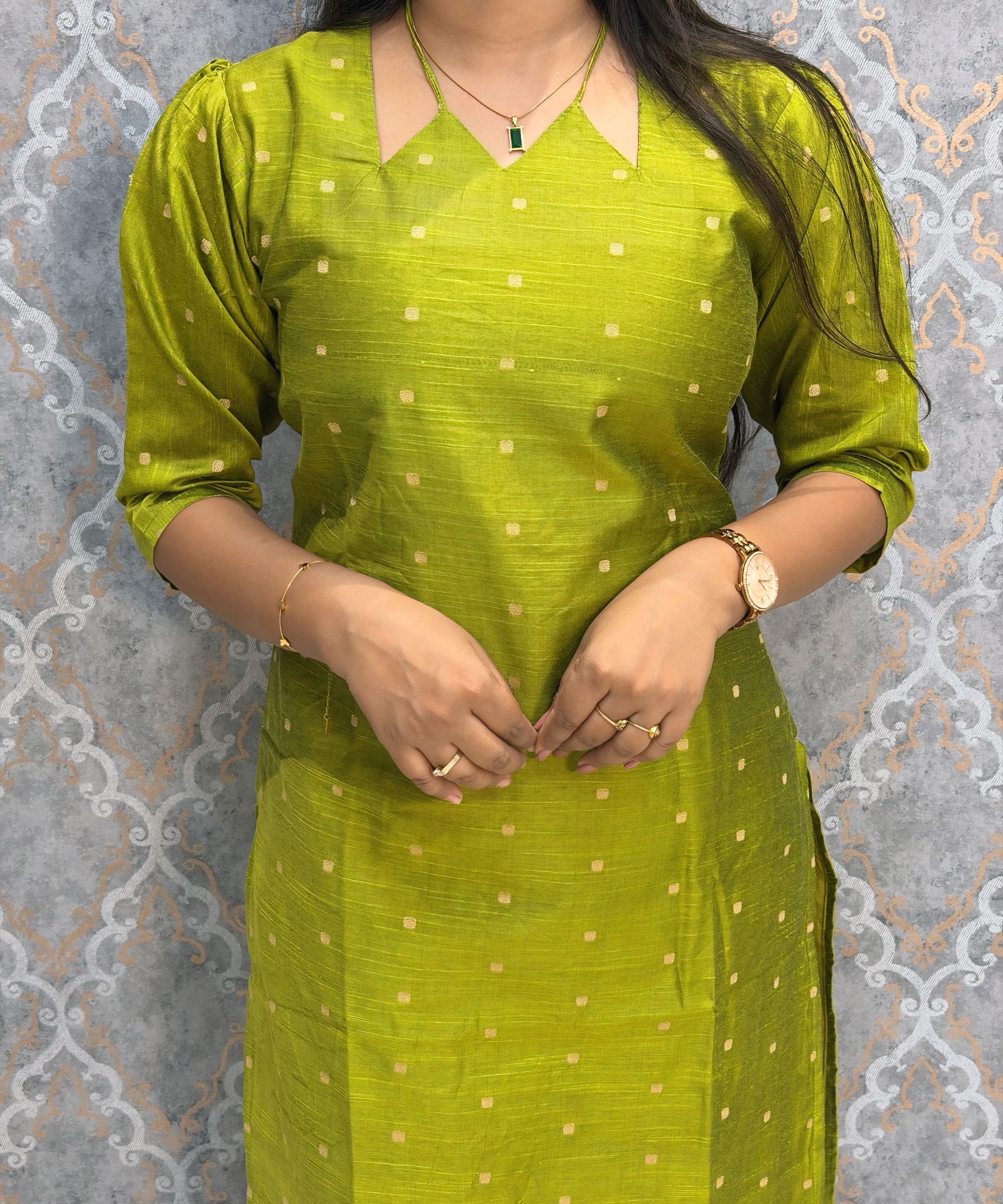 Parrot Green Color Raw Silk 3 Piece Salwar Set with Lining and Pocket / ESS410