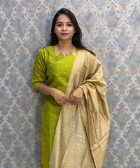 Parrot Green Color Raw Silk 3 Piece Salwar Set with Lining and Pocket / ESS410
