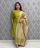 Parrot Green Color Raw Silk 3 Piece Salwar Set with Lining and Pocket / ESS410
