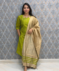 Parrot Green Color Raw Silk 3 Piece Salwar Set with Lining and Pocket / ESS410