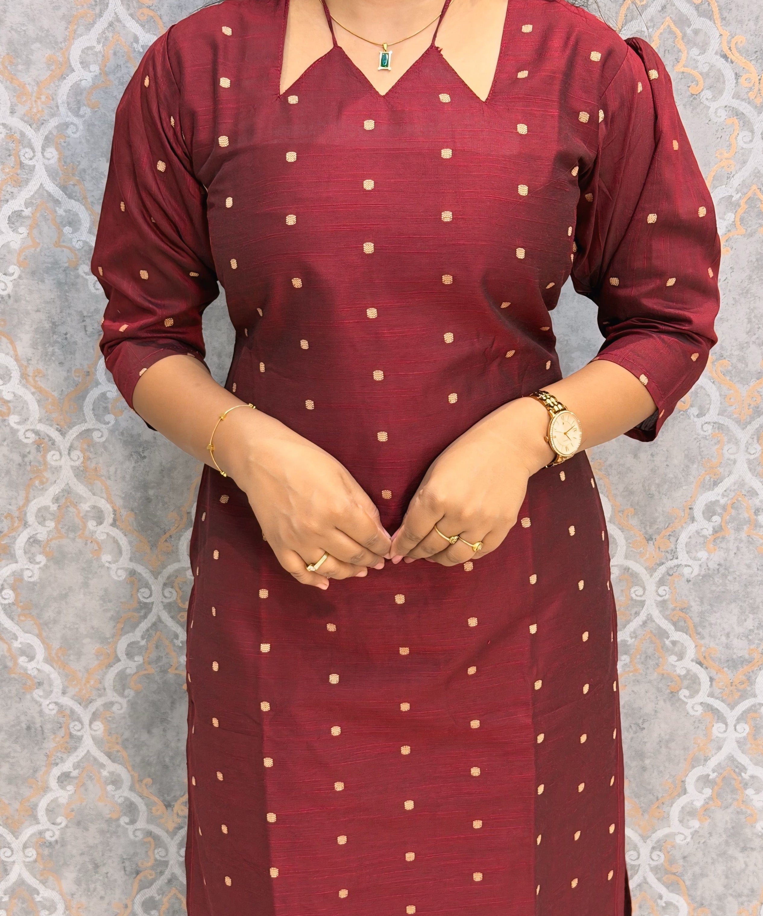 Maroon Color Raw Silk 3 Piece Salwar Set with Lining and Pocket / ESS410