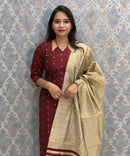 Maroon Color Raw Silk 3 Piece Salwar Set with Lining and Pocket / ESS410
