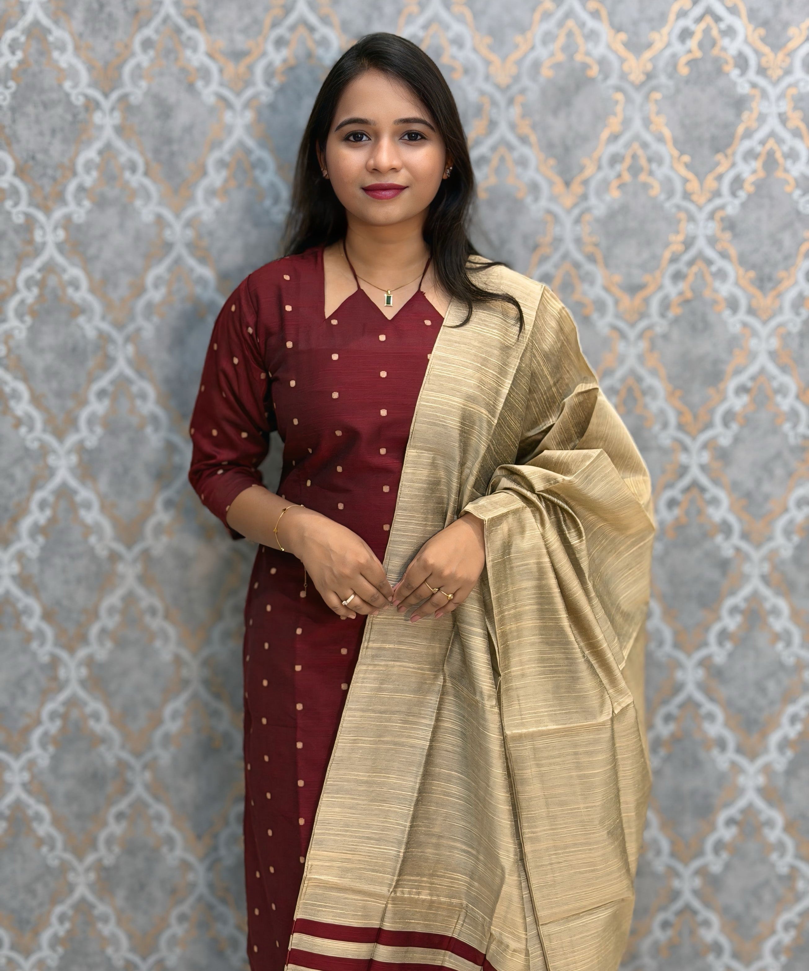 Maroon Color Raw Silk 3 Piece Salwar Set with Lining and Pocket / ESS410