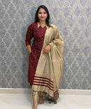 Maroon Color Raw Silk 3 Piece Salwar Set with Lining and Pocket / ESS410