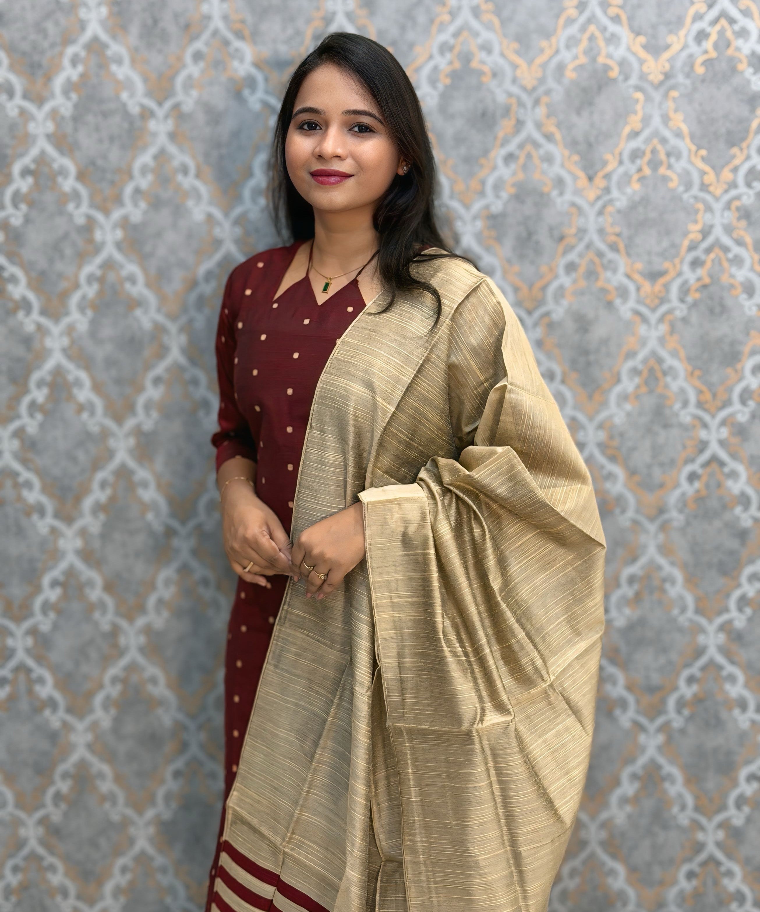 Maroon Color Raw Silk 3 Piece Salwar Set with Lining and Pocket / ESS410