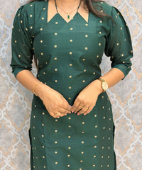 Dark Green Color Raw Silk 3 Piece Salwar Set with Lining and Pocket / ESS410