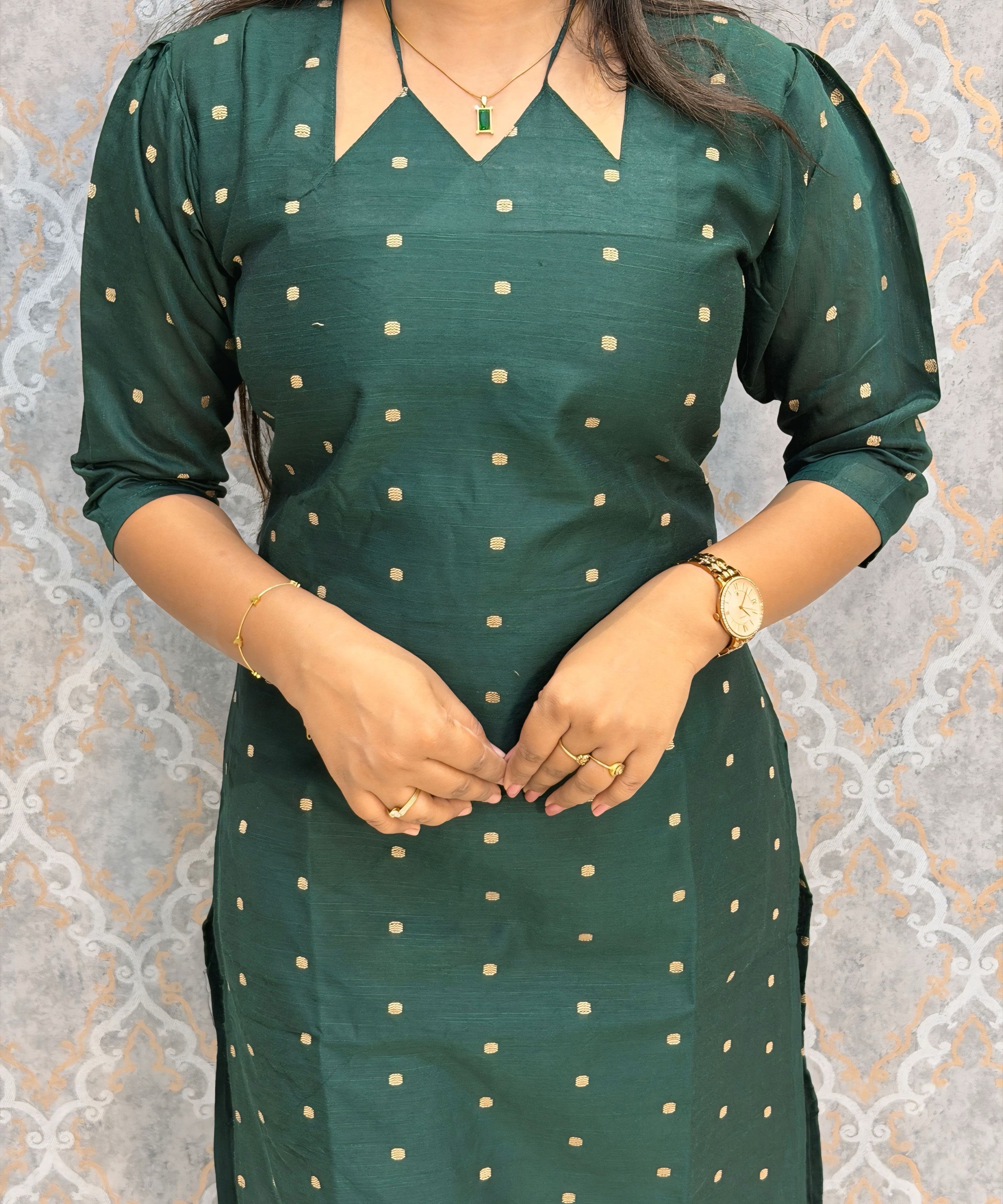 Dark Green Color Raw Silk 3 Piece Salwar Set with Lining and Pocket / ESS410