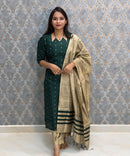 Dark Green Color Raw Silk 3 Piece Salwar Set with Lining and Pocket / ESS410