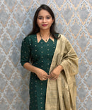 Dark Green Color Raw Silk 3 Piece Salwar Set with Lining and Pocket / ESS410
